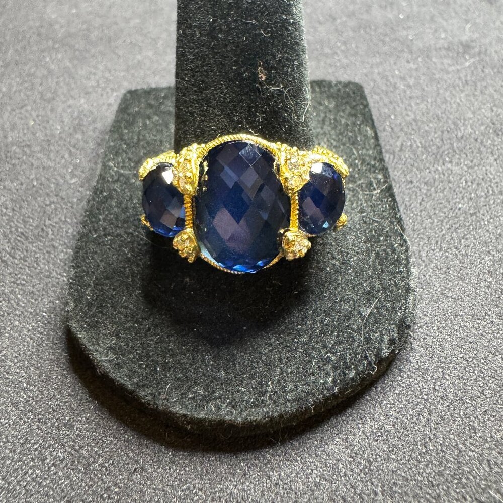 Judith Ripka Sterling Three-Stone 14K Clad Blue Quartz & CZ Ring, Size 9